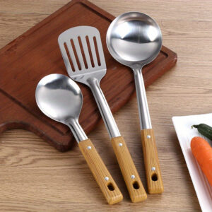 5pcs/set Stainless Steel Cookware with Wooden Handles - Durable Camping Utensils Kit - Soup Spoon, Colander, Rice Scoop, Filter - Perfect for Outdoor Adventures, Picnics - Stylish & Rust-resistant