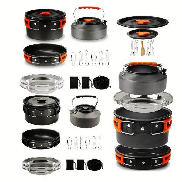 1set, Camping Pot And Pan Set For 2-3 People Use, Portable Cookware Tableware Set With Cooking Pot, Frying Pan, Kettle, Knives And Forks