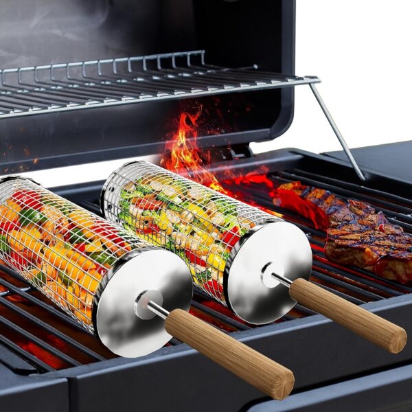 1pc Premium Nesting Grill Basket - Heavy-Duty, Durable Corrosion-Resistant 304 Stainless Steel with Ergonomic Wooden Grip, Easy-Foldable Grill Net for Even Cooking - Perfect for Grilling Seafood, Veggies, and More, Ideal Gift for Outdoor Enthusiasts, Perf