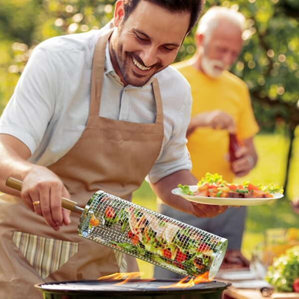 1pc Premium Nesting Grill Basket - Heavy-Duty, Durable Corrosion-Resistant 304 Stainless Steel with Ergonomic Wooden Grip, Easy-Foldable Grill Net for Even Cooking - Perfect for Grilling Seafood, Veggies, and More, Ideal Gift for Outdoor Enthusiasts, Perf