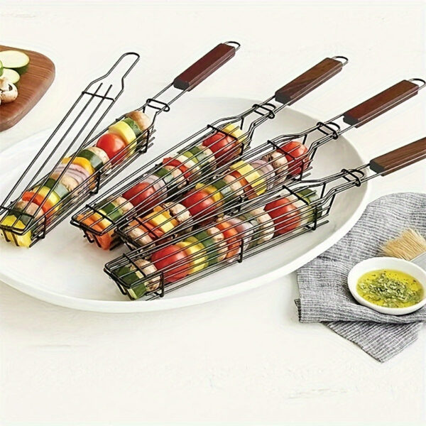 2/4pcs, Kebab Grilling Basket, Portable Stainless Steel Kebab Barbecue Grilling Basket, Hot Dog Barbecue Cage, Sausage Grill Tongs, Barbecue Tongs With Wooden Handle, Kebab Grilling Basket, Nonstick Kabob Grilling Baskets, BBQ Tool, BBQ Accessaries