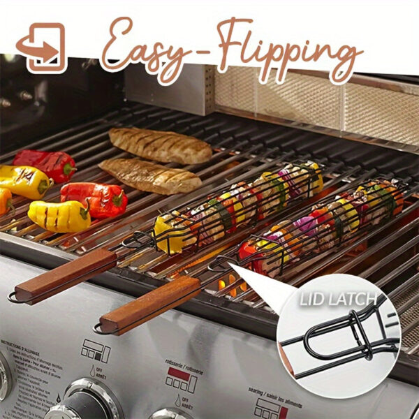 2/4pcs, Kebab Grilling Basket, Portable Stainless Steel Kebab Barbecue Grilling Basket, Hot Dog Barbecue Cage, Sausage Grill Tongs, Barbecue Tongs With Wooden Handle, Kebab Grilling Basket, Nonstick Kabob Grilling Baskets, BBQ Tool, BBQ Accessaries