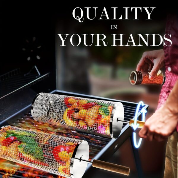 1pc Premium Nesting Grill Basket - Heavy-Duty, Durable Corrosion-Resistant 304 Stainless Steel with Ergonomic Wooden Grip, Easy-Foldable Grill Net for Even Cooking - Perfect for Grilling Seafood, Veggies, and More, Ideal Gift for Outdoor Enthusiasts, Perf