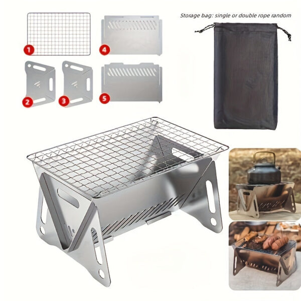 1pc Portable Camping Stove - Durable Stainless Steel Folding Wood Burning Stove with Grill Plate for Outdoor Adventures, Backpacking, and BBQ - Compact, Lightweight, and Easy to Carry