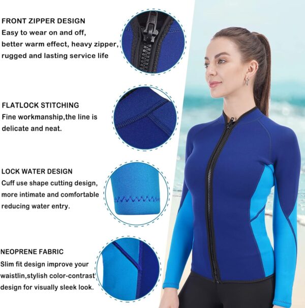Women Wetsuit Top Swim Jacket Mens Youth Wet Suit Shirt 2mm Neoprene Thermal Swimsuit Front Zip Long Sleeve Cold Water Keep Warm Snorkeling Diving Surfing